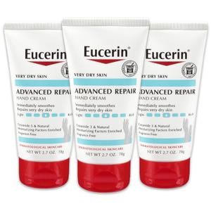 Eucerin Advanced Repair Hand Cream, Immediately Soothes and Repairs Very Dry Skin, Fragrance Free, Non Greasy, Fast Absorbing, Travel Size Hand Lotion, 2.7 Oz Tube, Pack of 3