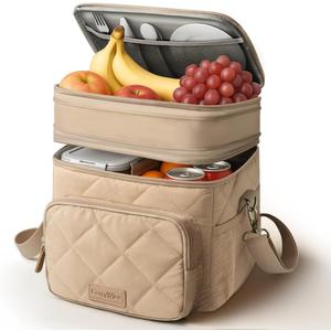 Lunch Bag Women Double Layer Lunch Bag Puffer Insulated Lunch Box Waterproof Bottom Large Lunch Box for Women for Work or Travel, Khaki
