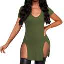 Rooscier Women's V Neck Sexy Bodycon Dresses Split Side Short Sleeve Going Out Mini Dress Army Green Large (Green, L)