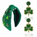 St.Patrick's Day Headbands Green Shamrock Headband for Women Jeweled Knotted Head Band Embellished Crystal Rhinestone Wide Headband and Earrings St Patricks Day Hair Accessories