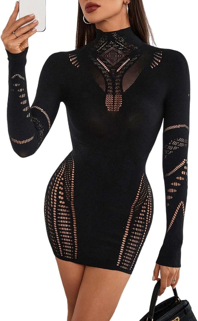 Women's 2025 Sexy Club Mini Dress Lace Babydoll High Neck Long Sleeve Cutout Short Bodycon Dresses (Black)