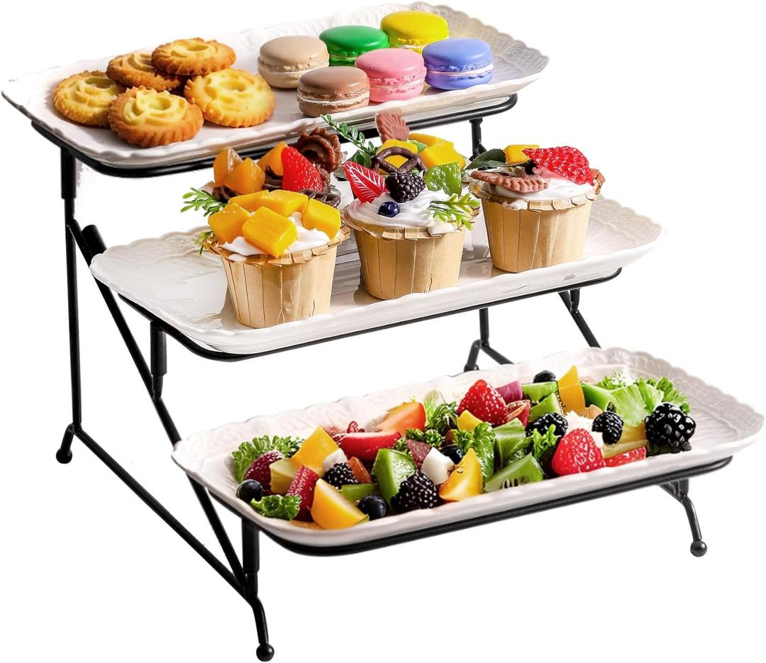 3-Tier White Ceramic Serving Trays with Black Metal Stand Set- Porcelain Dessert Serving Platters and Trays for Party, Tiered Fruit Tray Stand for Serving Food, 1 Stand + 3 Plates