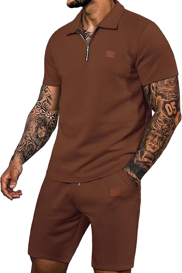 Ryehack Men's 2 Piece Sweatsuits Outfits Jacquard Zip Polo Shirt Sweatshirt Joggers Sweatpants Tracksuit Set (Large, Brown)