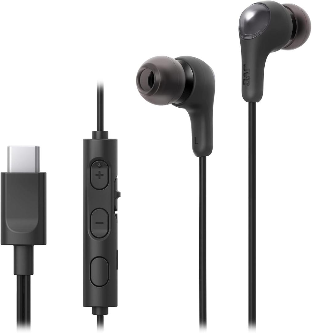 JVC Gumy Connect USB-C Wired Earbuds Headphones, Delay-Free for Videos and Gaming, Built-in DAC Reduces Noise and Improves Sound Quality, 9.2 mm Diameter Neodymium Drivers - HAFR9UCB (Black) (Compact)