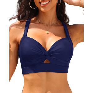 Bikini Tops for Women - Large Bust Swimsuit Top Only Knot Twist Full Coverage Bathing Suit 2025 (Small, Navy Blue)