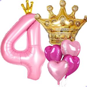 Princess 4th Birthday Party Decorations, 40 inch Large Pink Crown 4 Balloon for Girls Princess Royal Birthday Decorations, Party Supplies Favors, Anniversaries(Number 4 Foil Mylar Birthday Balloon)
