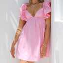 Zebaexf Womens Spring Summer V Neck Knot Back Causal Strap Short Flowy Swing Mini Dress (Pink, L)