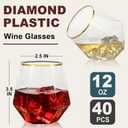 Goodluck 40 PCS Diamond Stemless Plastic Wine Whiskey Glasses, 12 Oz Disposable Cocktail Glasses, Suitable for Weddings, Birthday Parties, Family Gatherings, Bars, etc Gold rimmed cups, 2.95 Inches X 3.94 Inches