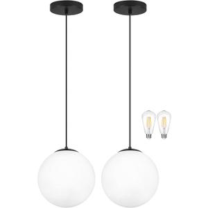 KoKo&Yukina 10" Milk Glass Pendant Lights Kitchen Island 2 Pack Modern Globe Pendant Light Mid-Century Modern Black Pendant Light Fixtures for Dining Room Bedroom Entryway Hallway (Bulb Included), 10 inch - standard