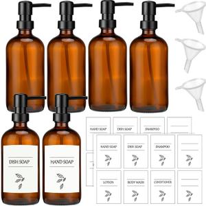 Maxcheck 6 Pack 16 oz Amber Glass Soap Dispenser Bathroom Hand Soap Dispenser with Pump with 16 Pcs Waterproof Labels Funnel Dish Liquid Bottle for Kitchen Bathroom(Plastic)