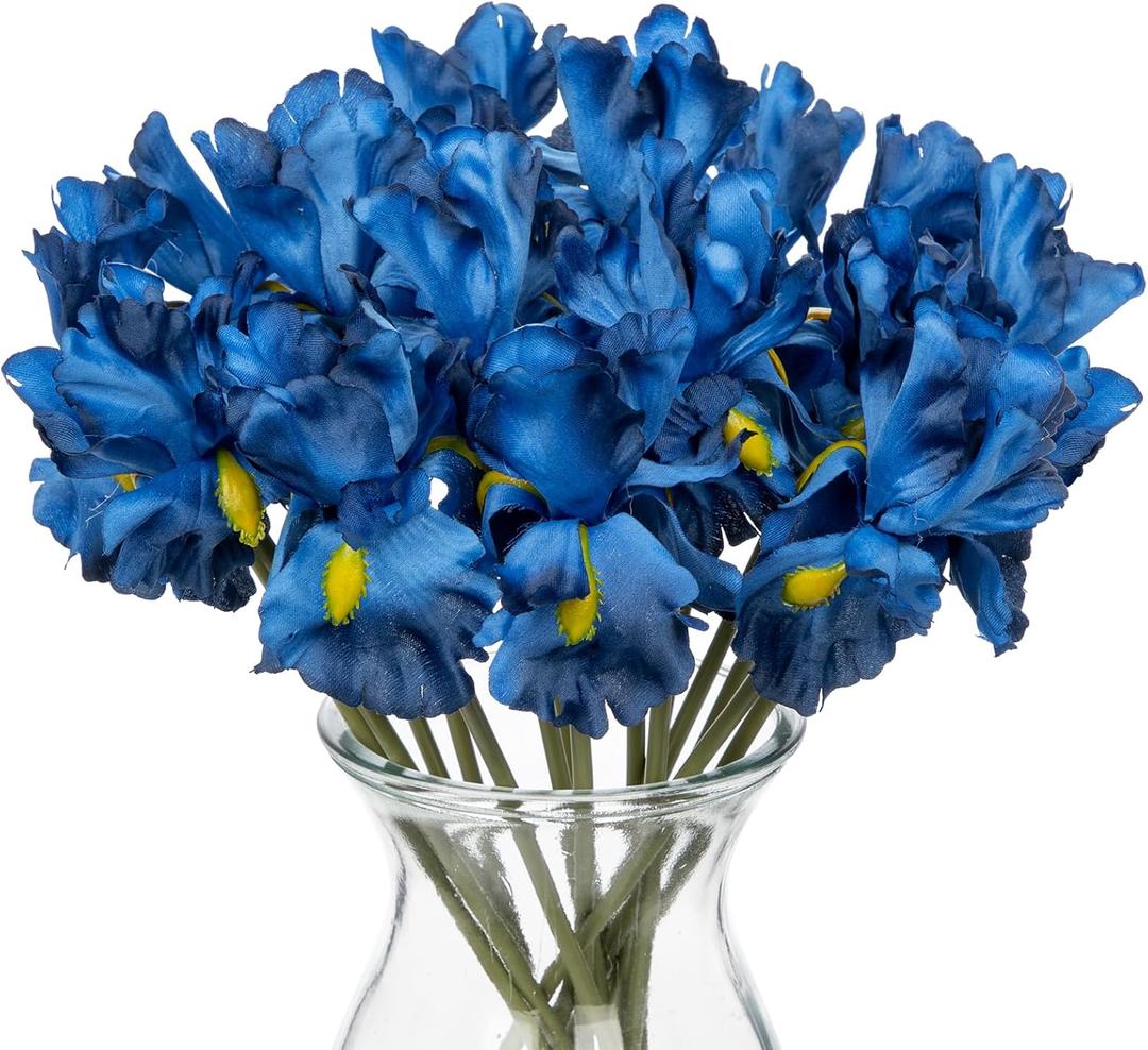 Hollyone Iris Artificial Flowers 15Pcs Faux Iris Blue Flowers 14.2" Real Touch Fake Flowers Picks Bouquets for Wedding Bridal Home Arrangements Office Table Centerpieces Decor