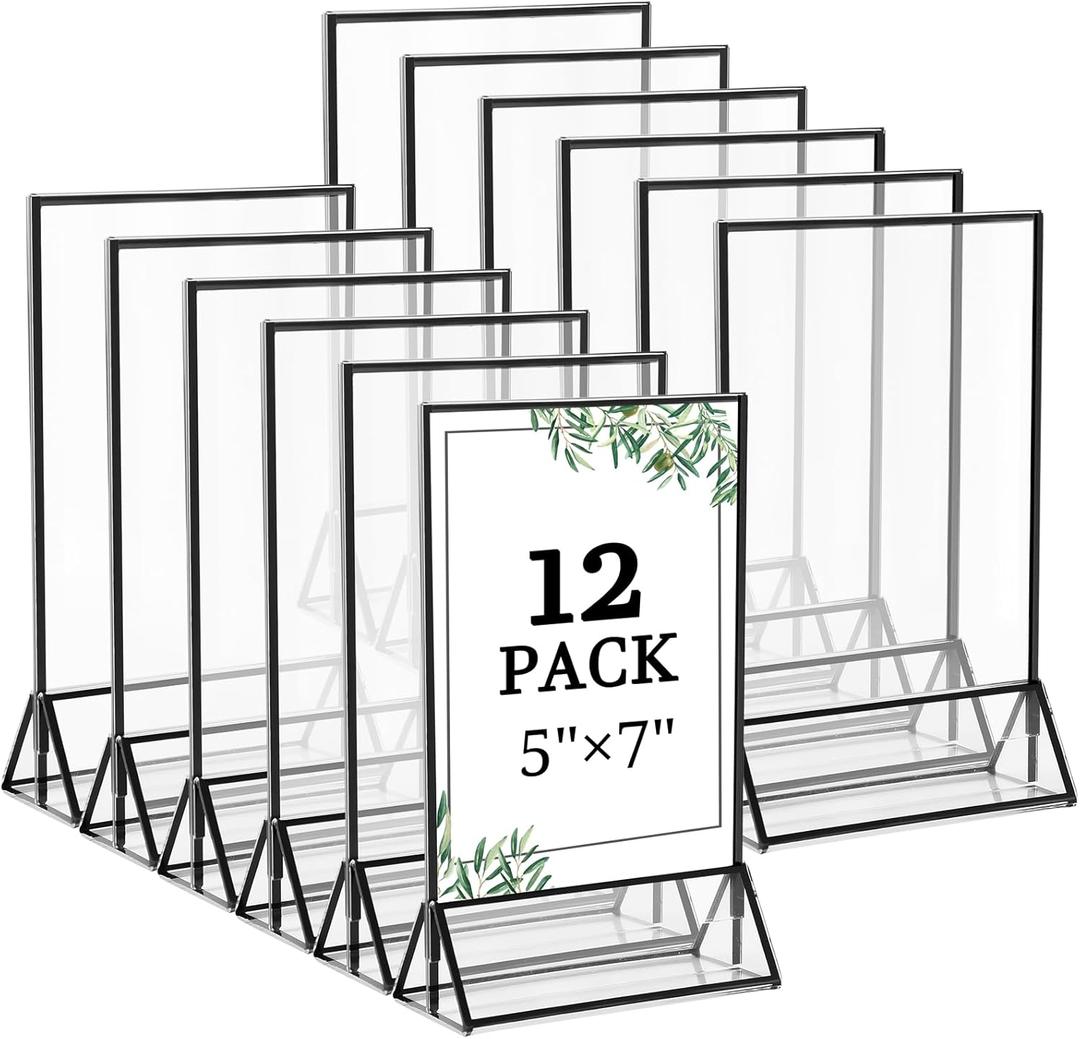 Floroom 12 Pack 5x7 Inch Clear Acrylic Sign Holders, Double-Sided Black Display Stand Picture Frames for Table Numbers, Menus, Flyers, Weddings, and Offices,Black, 5" x 7"- 12 Pack