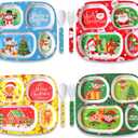 Jinei 4 Set Christmas Divided Dinnerware Set with Fork and Spoon Santa Gingerbread Man Xmas Dinner Plate Snowman Melamine Dinnerware Divided Plates Christmas Baby Feeding Dishes Dishwasher Safe