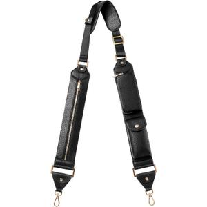 LUCKYCOIN Full Grain Leather Crossbody Strap with Pockets, Adjustable 46"-55" Travel Shoulder Strap, Metal Swivel Hooks, Minimalist Hands-Free Replacement for Purses - Pebble Black