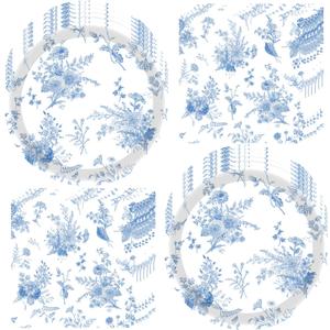 100Pcs Blue Floral Party Supplies Set 7"Blue White Floral Dessert Plates and BlueFloral Napkins for Bridal Shower Wedding Tea Birthday Party Decor Serve50