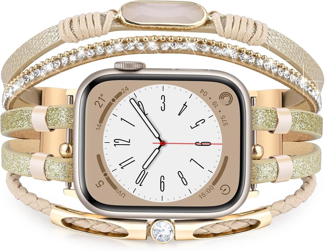 MOFREE Boho Leather Bracelet Compatible with Apple Watch Band 38mm 40mm 41mm Women, Adjustable iPhone Watch Bands Fancy Jewelry Multilayer Strap Wrap for iWatch Bands Series 10 9 8 7 6 5 4 3 2 1 SE