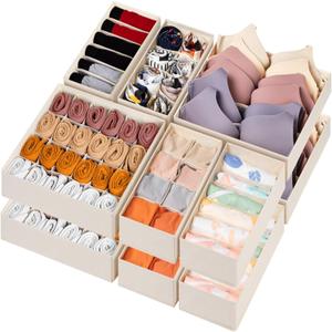 12 Pack Baby Clothes Organizer for Nursery, 116 Cells Fabric Foldable Dresser Closet Organizers and Storage Bins for Clothing, Women Men Underwear Socks, Bra, Ties, Scarf, Belt, Hair Accessories (Beige)