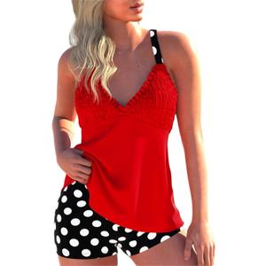 ROSEWE Womens Tankini Bathing Suits, Two-Piece Smocked Swim Dress, Print Swimsuits with Board Shorts (Red, XL)