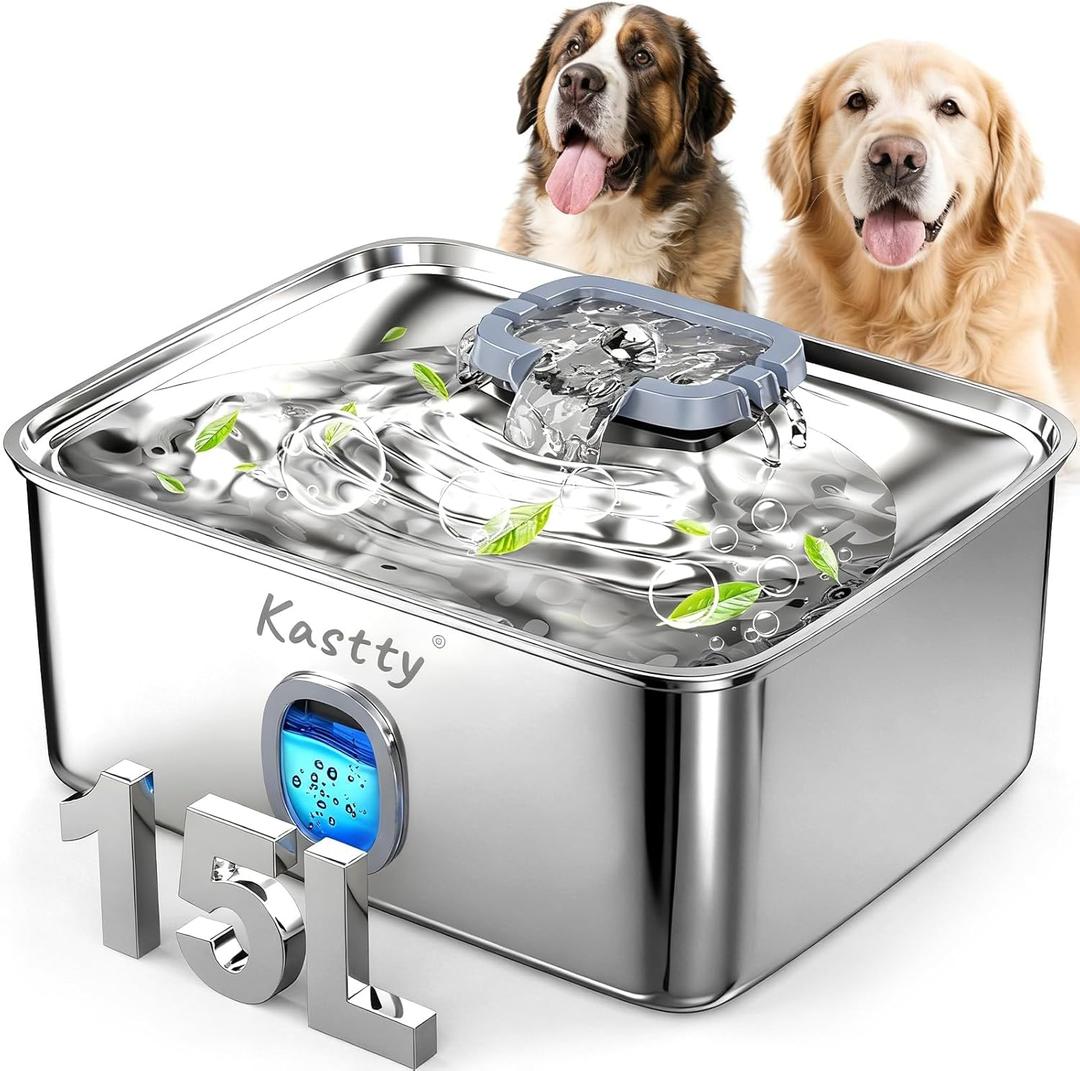 Kastty 4 Gal Dog Water Fountain for Large Dogs,15L Stainless Steel Dog Water Bowl Dispenser Triple Filtration,Ultra Quiet Automatic Pet Water Fountain with Water Level Window and LED Light(FS76)