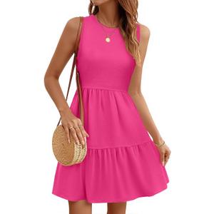 LUXVEER Women's Sleeveless Summer Mini Dress Tank Flowy Tiered Short A Line Sundresses Beach Vacation Dresses with Pockets (Pink, L)