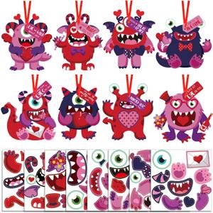 64 Sets Valentine's Day Crafts Kits for Kids, Valentine's Day DIY Monster Cards for Kids, Valentines Paper Craft Hanging Ornament, Valentines Entertainment Activities for Boys Girls School Class Home