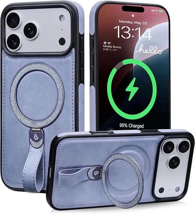 Bullroye for iPhone 17 Pro Max Leather Case with Glitter Sparkly Shiny Stand | Fits for MagSafe (Sky Blue, iPhone 17 Pro Max)