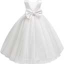 Flower Girl Dress for Wedding Pearls Tulle Dresses Kids Princess First Communion Pageant Party Satin Bowknot Gowns (6, White)