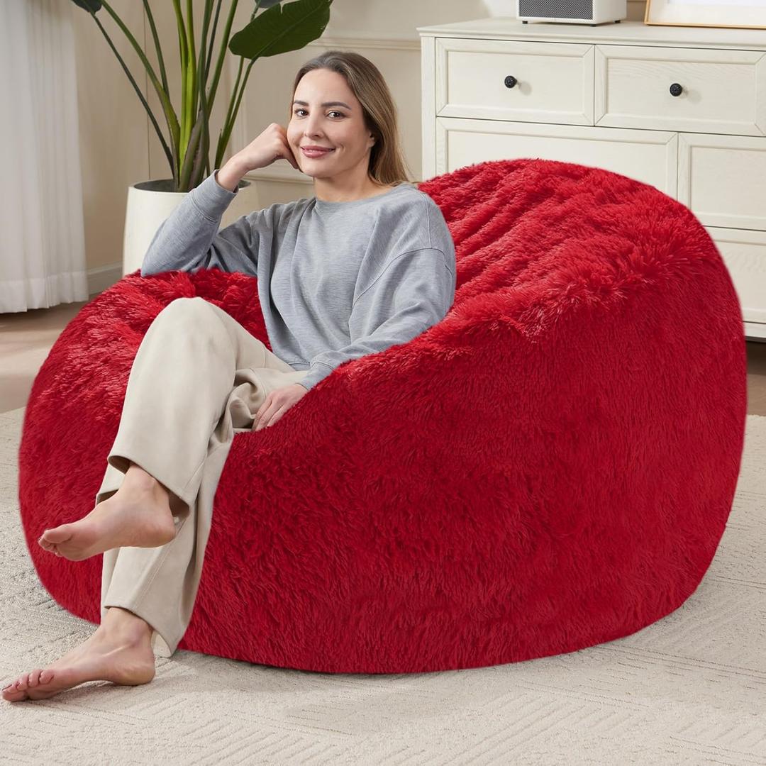 Bean Bag Cover (No Filler), Soft Faux Fur Stuffed Animal Bean Bag Storage, Fluffy Plush Bean Bag Chair Cover Washable, Comfy Bean Bag Covers for Adults Kids Teens, 38"x40" Red