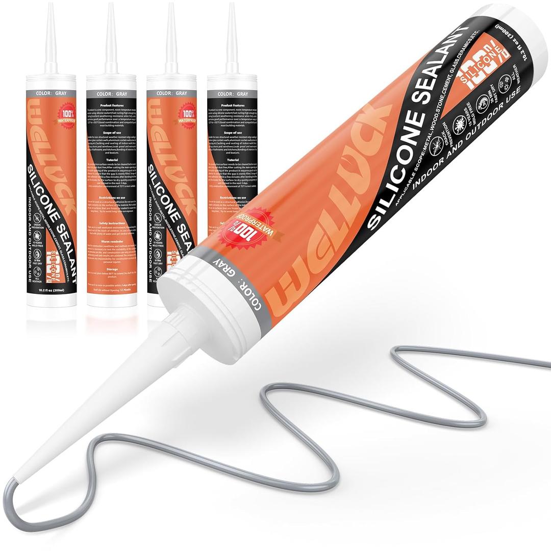 WELLUCK Grey Silicone Caulk, 100% Waterproof Silicone Sealant Adhesive Caulking,for RV, Kitchen,Bathroom, Window, Door, Glass,10.2FL.OZ/300ML4 Pack