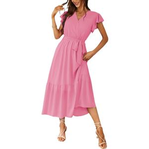 PRETTYGARDEN Women's Summer Floral Boho Maxi Dress Short Sleeve Wrap V Neck Ruffle Long Flowy Beach Wedding Guest Dresses (Pink, XXL)