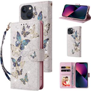 UEEBAI Wallet Case for iPhone 13 6.1 inch, PU Leather Phone Case Kickstand RFID Blocking Flip Case Card Slots Wrist Strap Relief Engraved Pattern Magnetic Closure Flower Folio Case, Blue Butterfly