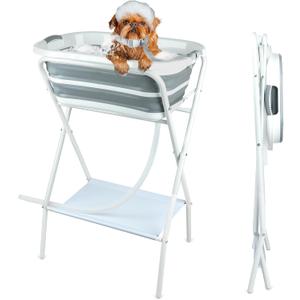 FHTONGE Elevated Dog Bathtub Grooming Station with Drain Adjustable Collar, 2 in 1 Collapsible Dogs Beautify Bathtub Portable Pet Washing Station, Pet Tub for Small Medium Dog Cat Shower Hairdressing