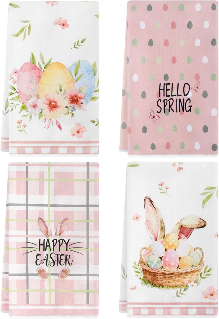 Amandir Easter Bunny Kitchen Towels, Pink Rabbit Ears Eggs Floral Leaves Dish Towels Set of 4, 18x26 Inch Buffalo Plaid Hello Spring Happy Easter Home Tea Bathroom Seasonal Decorations Hand Towels