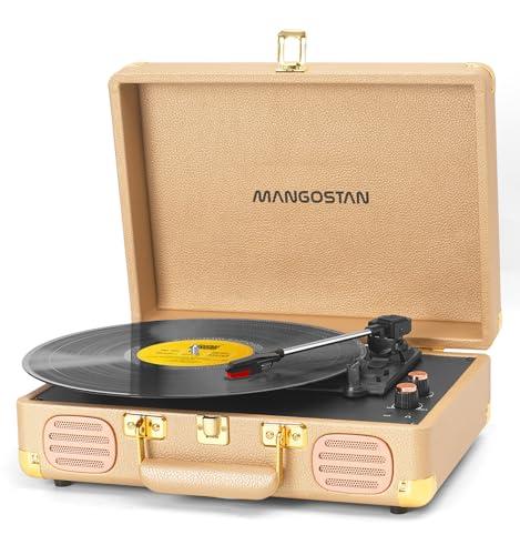MANGOSTAN Record Player 3 Speed Bluetooth Portable Suitcase, Vinyl Phonograph with Built-in Bass & Speakers, Belt-Driven LP Player Support AUX-in RCA Line Out Headphone Jack, Champagne Gold