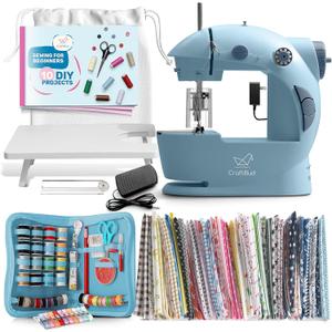 CraftBud Mini Sewing Machine for Beginners, Dual Speed Small Portable Sewing Machine for Kids and Adults with Extension Table, 122 Piece Gift Set Includes, Fabrics, Projects Book, Light and More, Blue