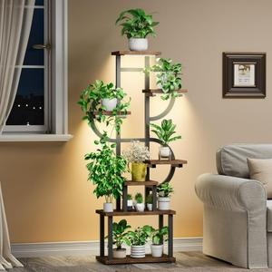 Asgolion Plant Stand Indoor with Grow Lights, 7 Tiered Indoor Plant Shelf, 56'' Corner Plant Stand for Indoor, Multi-Purpose Flower Display Shelves, Cactus-Shaped Plant Flower Holder, for Home, Patio, Rustic Brown