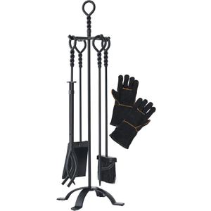 Lichamp Fireplace Tools Set, 5-Pieces Indoor Outdoor Sturdy Fire Place Poker Sets with Retro Handle and Heat Resistant Leather Gloves, FTS55BK