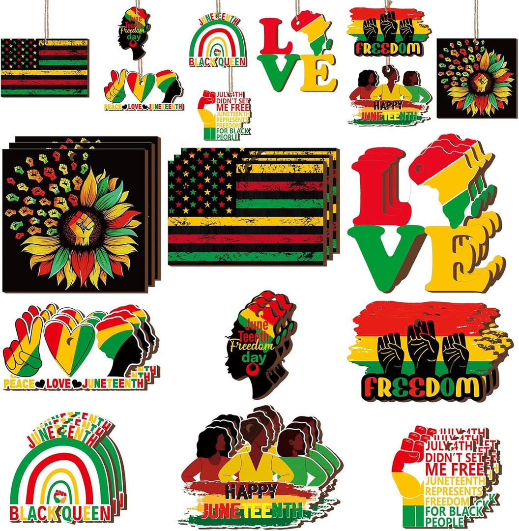 27 Pcs Juneteenth Wooden Hanging Ornaments Black History Month Pendant Slices Tags Decoration Wood Ornament for Tree African American Festival Independence Day Holiday Celebration Supplies, 9 Styles