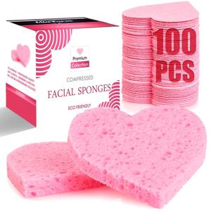 100-Count Compressed Facial Sponges, 100% Natural Cosmetic Spa Sponges for Facial Cleansing, Exfoliating Mask (Pink Heart)