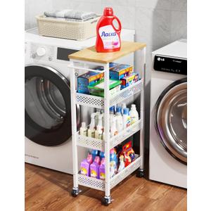 Utility Slim Storage Cart, 4-Tier Narrow Bathroom Organizers and Storage Cart, Narrow Metal Kitchen Laundry Room Organization Shelf with Wood Top, Slim Rolling Carts with Wheels for Small Space (9.1 inch wide, White)