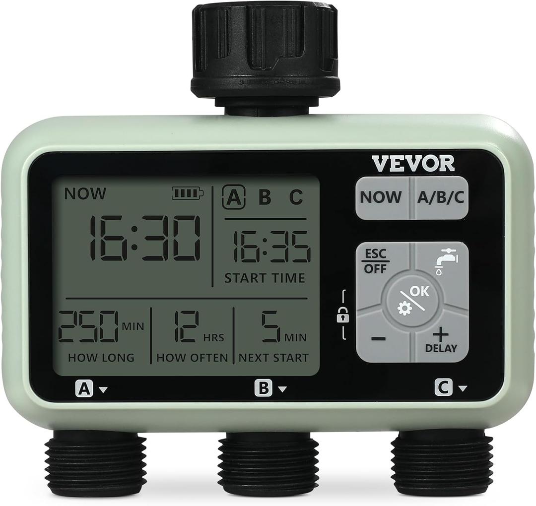 VEVOR Water Timer, 3 Outlets, Hose Watering Sprinkler Timer, with 3 Independent Watering Zone LCD Display Rain Delay Mode Manual Mode 360 Brass Inlet Metal Filter, IPX6 Waterproof for Yard Watering