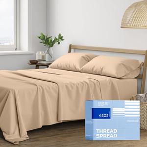 THREAD SPREAD 100% Cotton Queen Sheets Set - 400 Thread Count Queen Size Sheets (4 PC, Taupe), 16" Deep Pocket All Around Elastic, Soft, Cooling, Durable & Breathable Sateen Weave Bed Sheet Set