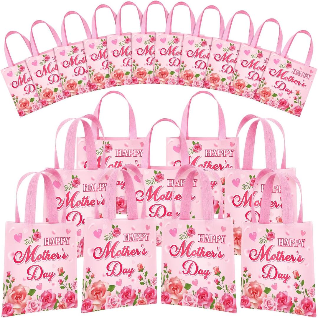 HunnmingRe 100 Pcs Mother's Day Gift Bags Bulk Floral Non Woven Treat Goodie Bags with Handles Reusable Love Mom Party Favors Gift Wrapping for Happy Mother's Day Birthday Party Supplies(Pink Rose)
