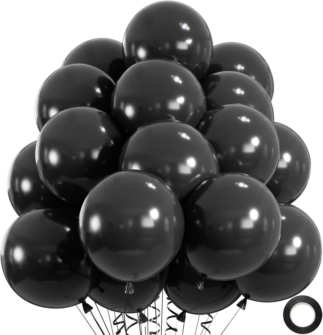 50pcs Black Balloons, 12inch Helium Quality Black Latex Balloons for Birthday Wedding Graduation Halloween Party Decorations (With Ribbon & Glue)