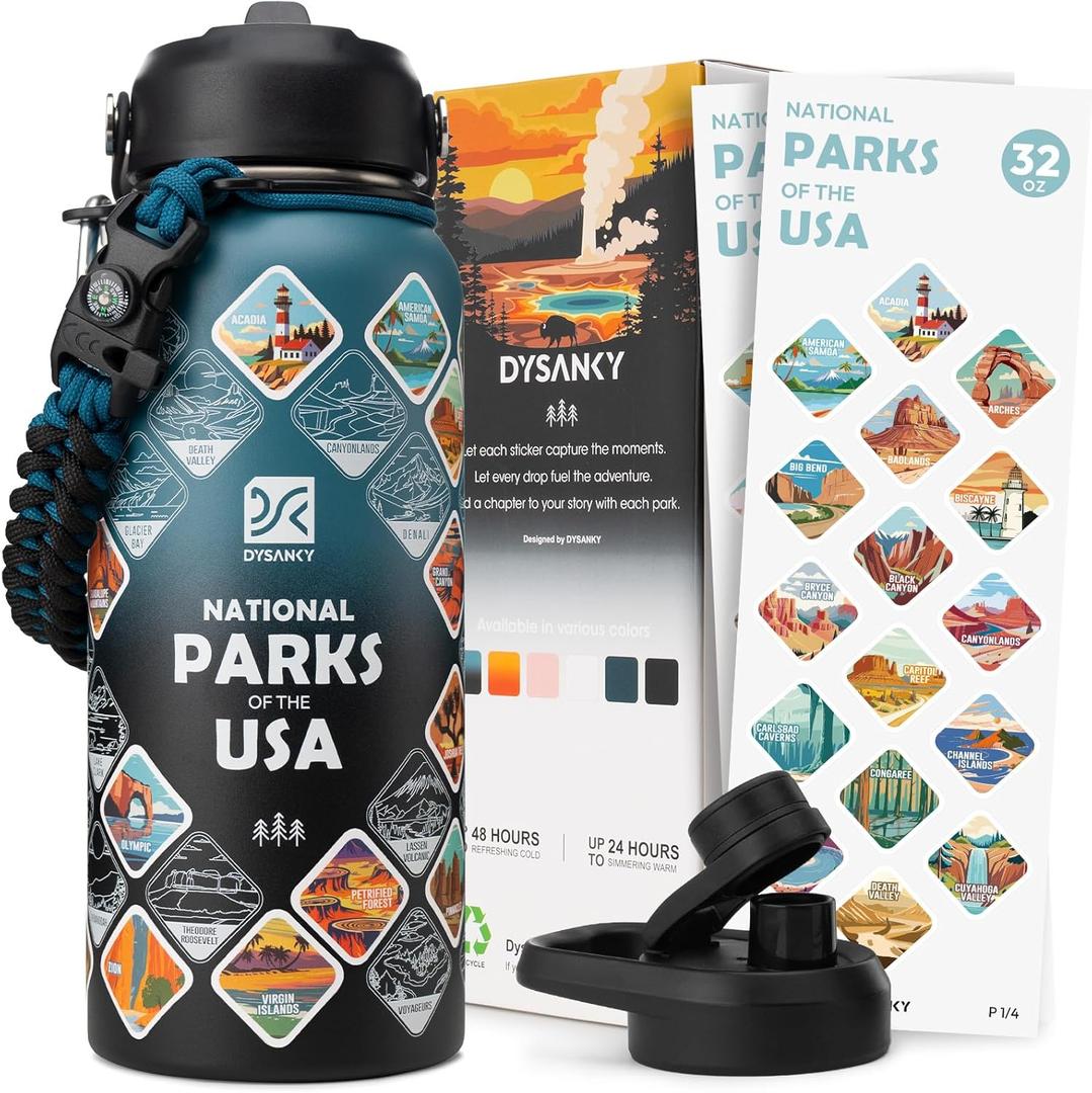 National Parks Water Bottle  32 oz Insulated Stainless Steel Water Jug with 63 Hand-Drawn Park Stickers, Outdoor Accessories & Gift Box  BPA-Free  Ideal for Hiking, Camping & Travel (Indigo/Black)