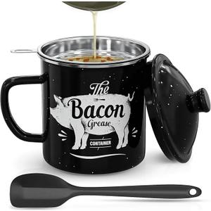 Bacon Grease Container With Strainer, 46OZ Large Enamel Grease Container, With Silicone Spatula, Farmhouse Bacon Grease Keeper, Cooking Oil Container For Kitchen Fat Storage, Dishwasher Safe-Black