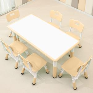 Children's Table and Chair Set Suitable for Boys and Girls Age 2-12 Height Adjustable Table top Can be Painted with 6 Seats Suitable for Family Learning Daily use (Wood Color)