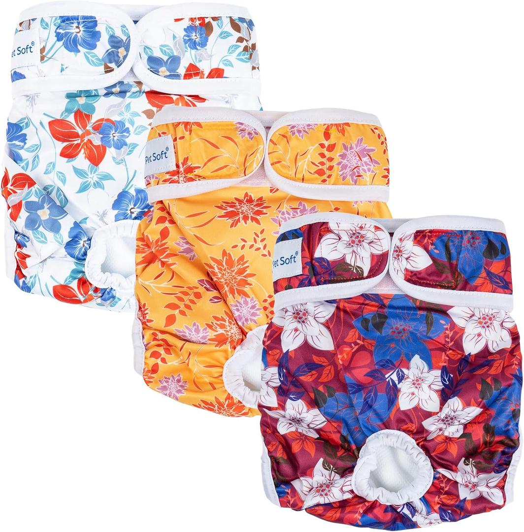 Pet Soft Female Dog Diapers, 3 Pack Washable Dog Diapers Female for Dog in Heat, Reusable Dog Period Panties, Puppy Diapers Female (Blossom, M) (Medium: 14''-19'')
