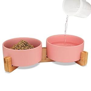 KPWACD Ceramic Dog Bowl for Food and Water, Weighted Dog Bowls Set with Anti-Slip Wooden Stand, 400ml/14OZ Dog Dish Bowl Suitable for Small, medium and Large Sized Pets, Pink