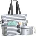 G4Free Beach Bag, Waterproof Sandproof Beach Tote Bag, Large Capacity Foldable for Women,Grey Stripe